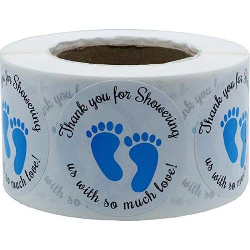 1.5 Inch Round Baby Shower Stickers Thank You for Showering Us Blue Foot Print Labels for Gender Neutral Shower Stickers