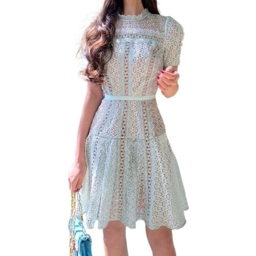 2021 Summer Runway Party Dress New Self Portrait Light Green Short Sleeve Lace Dress Fashion Hollow Out Dresses