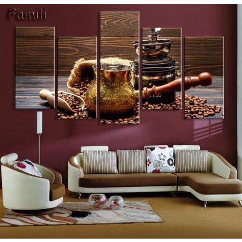 5pcs Canvas Painting Wall Art Coffee cup coffee beans print poster canvas decoration Decor Print Picture Canvas (No Framed)