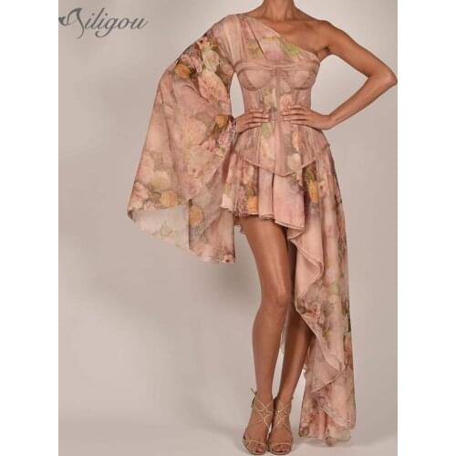 Ailigou 2021 Summer Ladies Asymmetric Party Party Tights One Shoulder Sexy Off Shoulder Printed Floral Corset Long Club Clothing