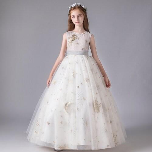 White Lace Flower Girls Dress for Wedding Sequin Evening Children Princess Party Pageant Long Gown Kids Dresses Formal Clothes
