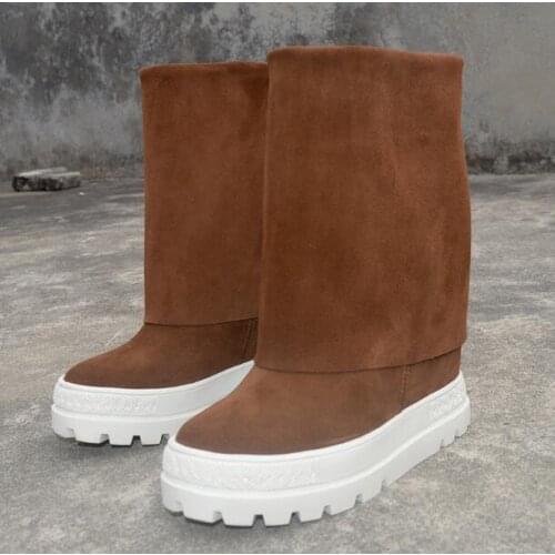 Woman Fashion Brown Platform Round Toe Mid-calf Boots 10 cm Height Increasing Slip On Casual Thick Heel Short Fold Boots
