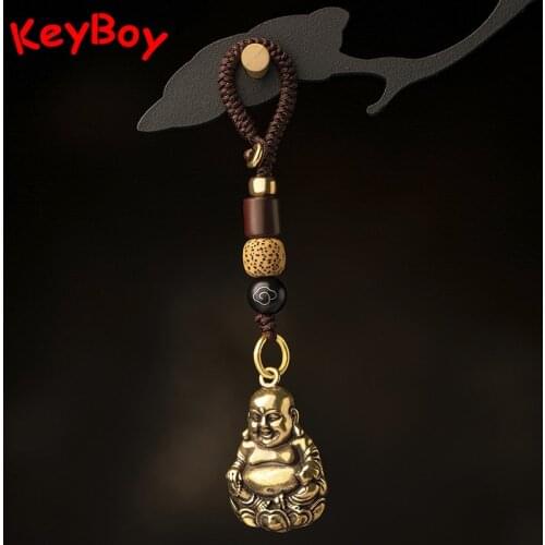 Pure Copper Maitreya Buddha Statue Keychains Pendant Retro Solid Brass Keyring Hangings Ornaments Handmade Woven Rope Key Rings