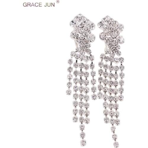 GRACE JUN New Design Rhinestone Crystal Clip on Earrings for Women Fashion Luxury Bride Wedding Without Pierced Earrings Bijoux