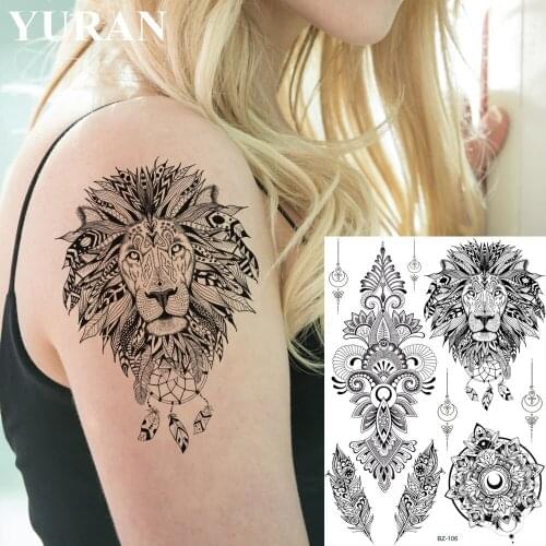 YURAN Sexy Lion Fake Waterproof Tribal India Temporary Tattoos Stickers Henna Flower Feather Tattoo Women Girls Body Art Tatoos