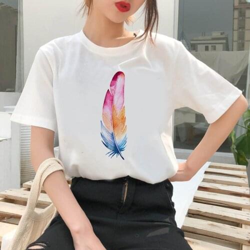 Beautiful falling feather Print T shirt Women Fashion Tshirt O neck Short Sleeve Harajuku T shirt White Tops Female Tops