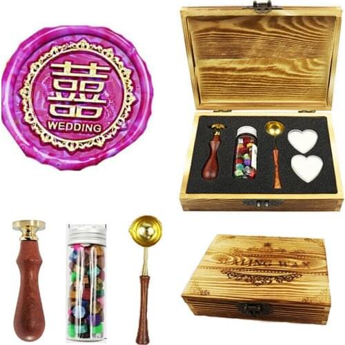 Chinese Double Happiness Signature Custom Wax Seal Stamp Wood Gift Box Wedding Invitations Letters Seal