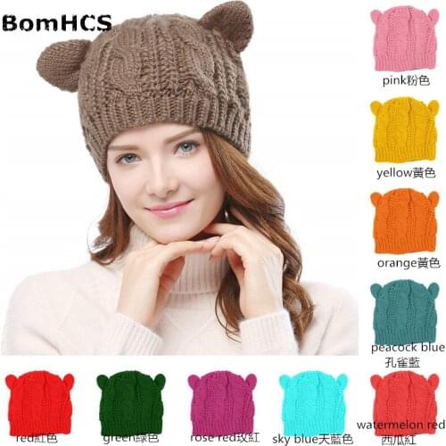 BomHCS Lovely Girls Cat Ears Beanie Winter Womens Thick Warm Hat Ear Braided Knit Caps