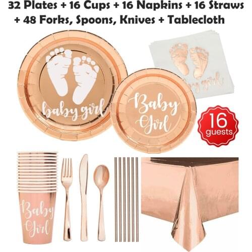 Set 16 Guests Disposable Tableware Baby Shower Birthday Party Supply Decor Rose Gold Baby Girl Paper Footprint Plates Cup Napkin