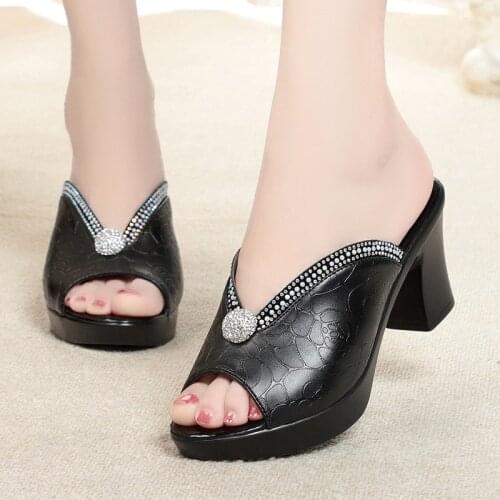 Fashion Crystal Platform Sandals Women 2021 Peep Toe Casual Slippers Woman Summer Shoes on Heels Outdoor Black High Heel Slides