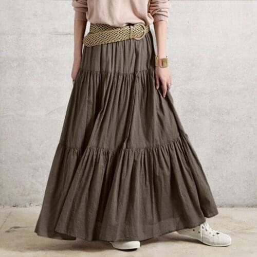 Solid Skirt Women Vintage Ruffle Casual Maxi Skirt Elastic Waist Long Vestidos Streetwear Y2K A Line Skirt Femme Robe Plus Size
