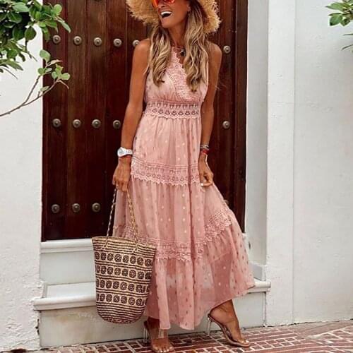 New Long Dress Women Summer Boho Sleeveless Maxi Dress For Women Elegant V Neck Beach Casual A-Line Party Dress 2021