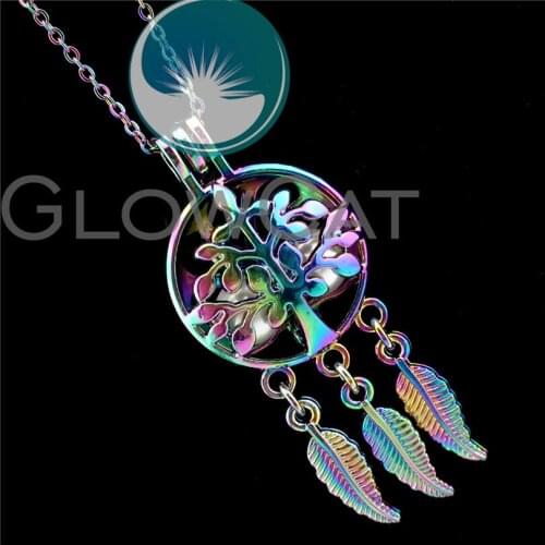 R-C719 Rainbow Color Flower Tree Dreamcatcher Beads Cage Pendant Perfume Diffuser Aromatherapy Pearl Cage Locket Necklace