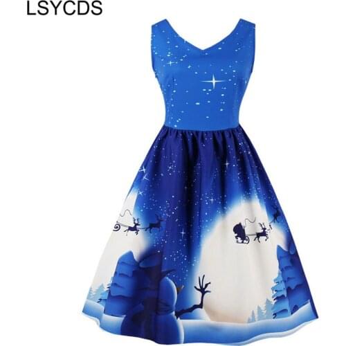 LSYCDS 2020 Christmas Vintage Dress Women A-Line Retro Winter New Year Santa Print Party Dress Vestidos robe noel femme