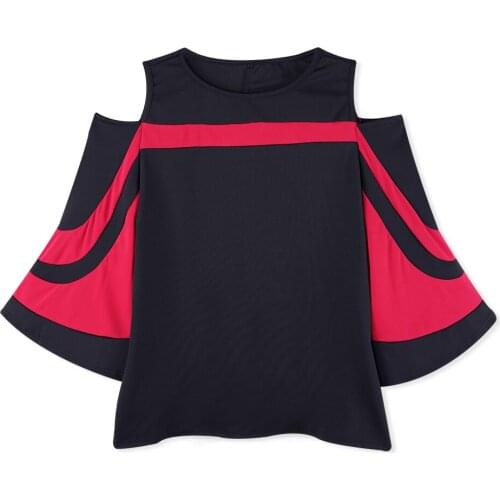 2019 Spring Fashion Color Block Patchwork Office Ladies Shirt Women Blouse Tops Female Three Quarter Sleeve Cut Out Shirt