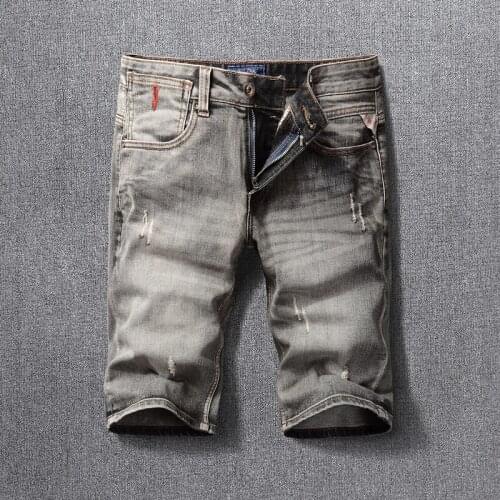 Italian Style Fashion Men Jeans High Quality Retro Gray Casual Ripped Denim Shorts For Men Spliced Vintage Designer Short Jeans