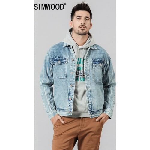 SIMWOOD 2021 new denim jackets men double pocket vertical striped 100% cotton back Denim Chore Coats streetwear 1903561