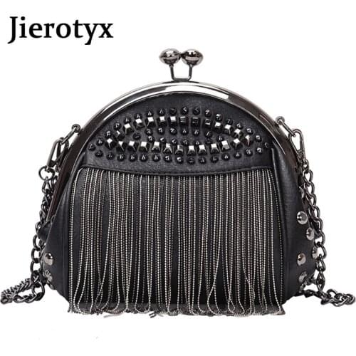 JIEROTYX Korean Lady Fashion Tassel Rivet Cool Chain Single Shoulder Messenger Clip Bag Women Small Square Bag Women Luxury Hand