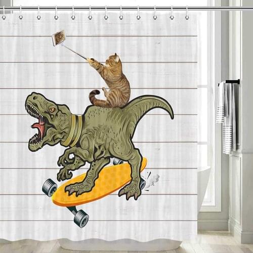 Funny Cute Cartoon Cat Riding Dinosaurs Shower Curtain Set with 12 Hooks