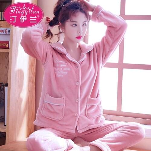Girls Coral Fleece Winter Pajamas Lady Warm Cardigan Womens Coral Flannel Nightwear Furnishing Casual Homewear D-2202