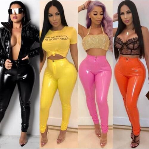 Women PU Leather Pants Button Zippers Faux PU Leather Capris High Elasticity Trousers Faux Leather Long Pants Plus Size 3XL