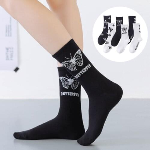 Cotton Black White Butterfly Pattern Socks Women Harajuku Animal calcetines cute women skarpetki meias kobieta skarpety meia Sox