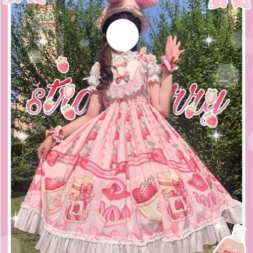 Womens Summer Sleeveless Bowknot Dress Japanese Strawberry Cake Lace Stitching High Waist Lolita Free Shipping