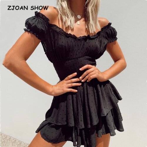 Women 3D Dot Black Off Shoulder Mini Dress Retro Puff Sleeve Elastic Ruched Waist Ruffles Hem Holiday Robe 2021 French Style