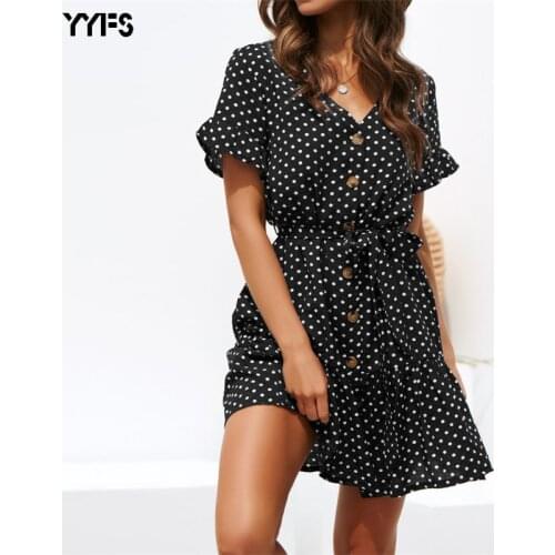 YYFS Chiffon Mini Party Dresses 2019 Summer Short Dress Women Short Sleeve Beach Dot Print Dress Sexy V Neck Button Ladies Dress