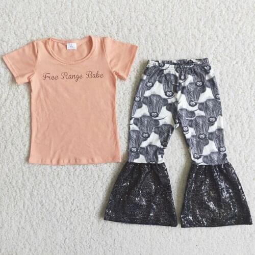 Infant Summer 2Pcs Baby Girls Solid Cotton Comfortable Suspender High Quality Tops+Cow Head Printed Bell Sequin Pants Outfits