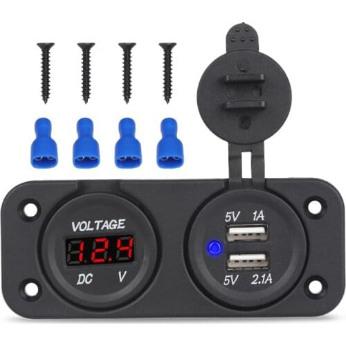 2 in 1 DC 12V Dual USB Socket Splitter Charger + Led Voltmeter Panel Car Boat Motorcycle USB Charger Power Adapter Waterproof