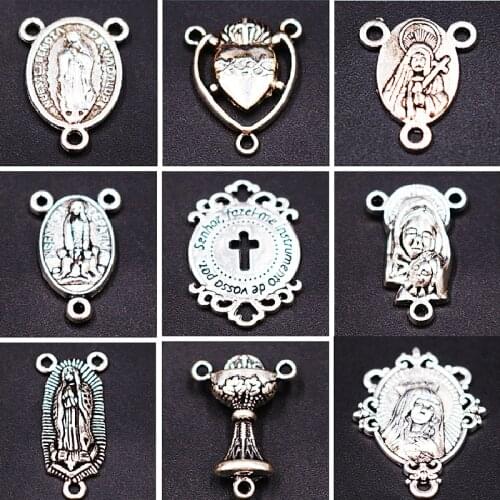 20pcs Mix Silver Plated Catholic Virgin Mary Three-Hole Connector DIY Charm Prayer Rosary Necklace Jewelry Crafts Making P753