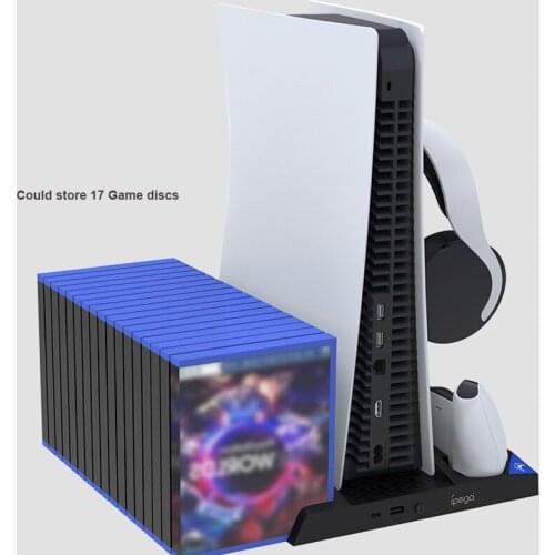 6 In 1 Vertical Stand For PS5 Console Charger Cooler Fan For PS5 Controller Charging Dock Headset Holder With Game Discs Storage