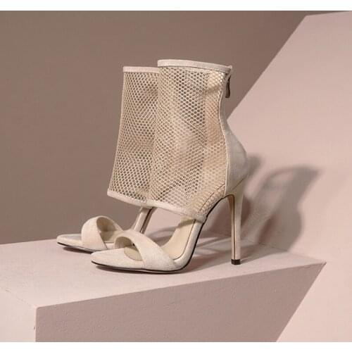 Women Peep Toe Mesh Holes Sandals Sexy Summer Shoes Breathable Cool Spring OL Party High Heel Ankle Boots size size 34-43 8--6