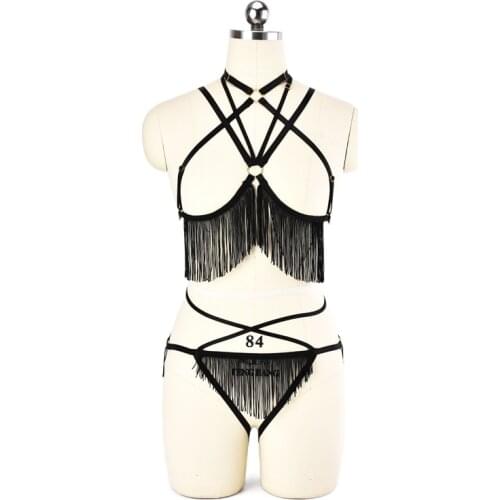 2018 new Set of Bondage Lingerie Two Piece Adjustable Body Harness Bra Panties Shimmy Fringe Burlesque Cage Bra Belt with Circle
