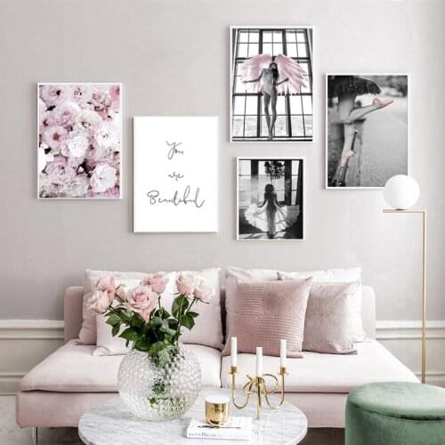 Flower Angel Wing Feather Beauty Picture Girl Ballet Text Motto Poster and Print Wall Canvas Painting Modern Room Decoration