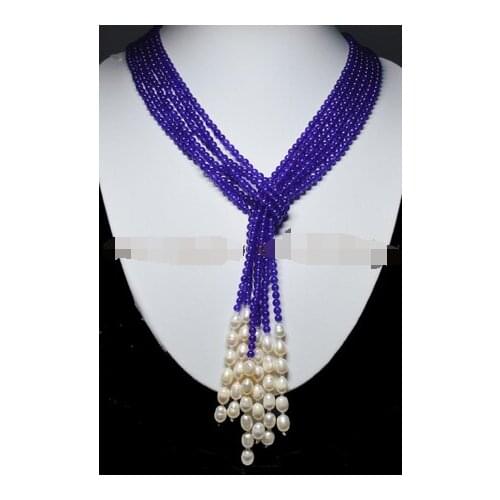 Long Charming 3 Strands 4mm Purple Amethyst Bead & White Pearl Necklaces 50 Inch
