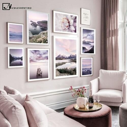 Purple Starry Night Foggy Mountain Canvas Painting Sunset Nature Landscape Art Poster Wall Print Nordic Home Decoration Picture