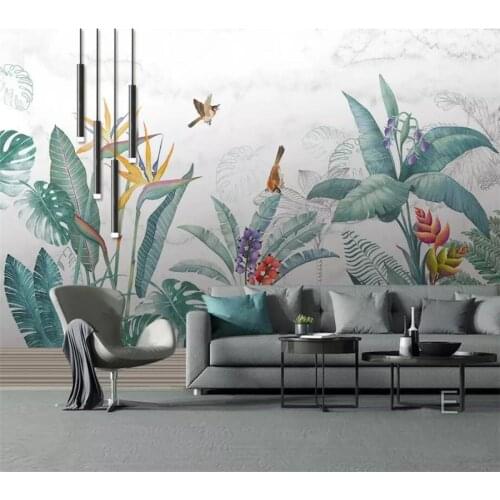 Beibehang Custom wallpaper 3d murals Nordic hand-painted small fresh tropical plants flowers and birds TV background wall paper