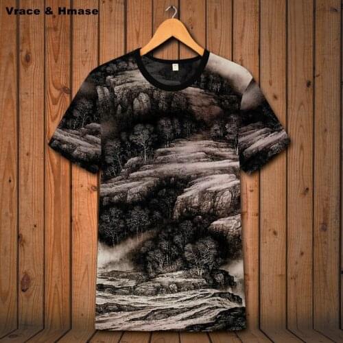 Personality landscape 3D printing fashion oversized short sleeve t shirt Summer 2018 quality hollow soft cool t shirt men S-6XL