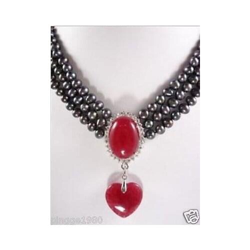 Hot sale Free Shipping2018 3rows 7-8MM black pearl necklace red stone pendant
