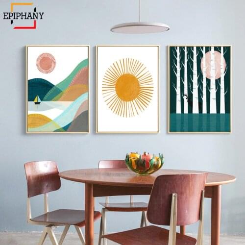 Nordic Wall Art Sunset Forest Posters Mountain Landscape Canvas Painting Modern Wall Pictures for Living Room Bedroom Decor