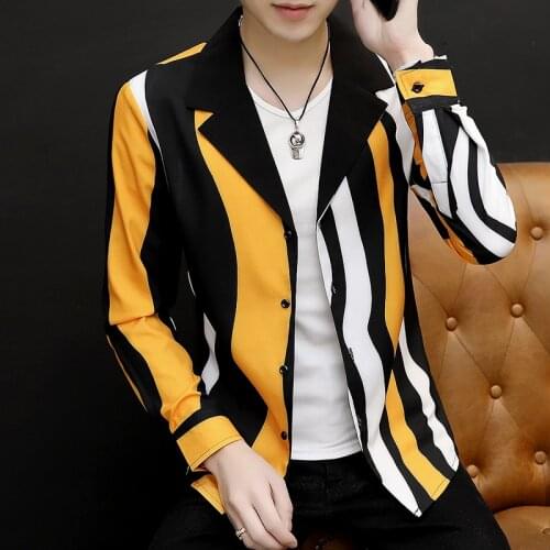 2021 Mens Lapel Cool Colorful Striped Shirt Youth Handsome Printed Long-Sleeved Shirt