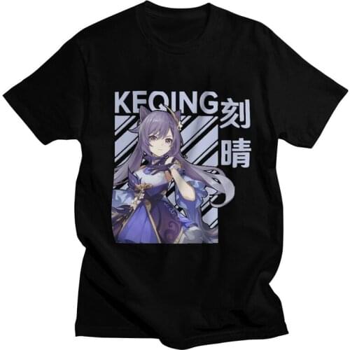 Mens Keqing Genshin Impact T Shirts Short Sleeve Cotton Tshirts Classic T-shirt Casual Anime Game Tees Oversized Clothes