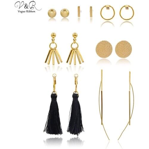 New Trendy Earrings Set 2020 Metal/ Tassel/ Rhinestone Crystal Stud Earring Set Of 8 Pairs Gold Cute Earrings Lots For Girls