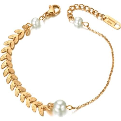 New Bohemia Titanium Stainless Steel White Pearl Choker Bracelets For Women Girls Chic Leaflet Charm Bracelet B20062