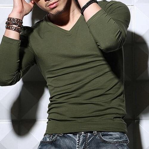 Casual Men Solid Color Long Sleeve V Neck Cotton Pullover Plus Size Slim T-shirt premium cotton and spandex wear comfortably