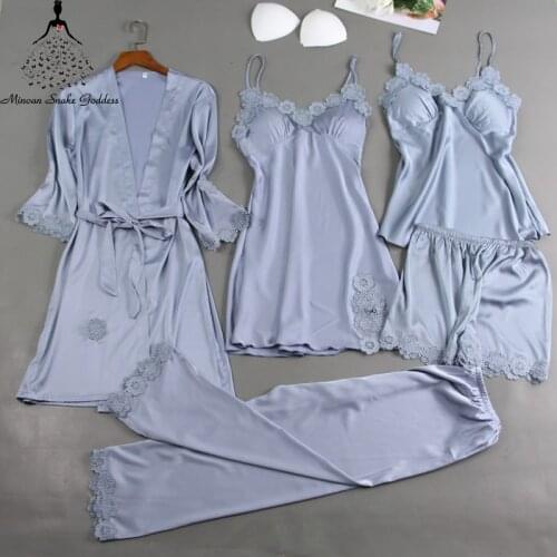 5PCS Pajamas Set Silk Satin Womens Lace Nightwear Pyjamas Suit Female Lounge Sleepwear With Chest Pads Nighties