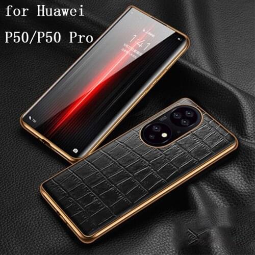 Luxury Genuine Leather Case for Huawei P50 Fashion Crocodile Phone Cover Bag for Huawei P50 Pro fundas skin + Screen Protector