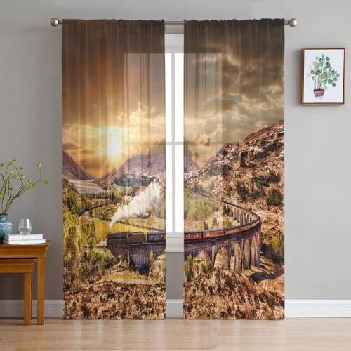 Old Train Steam Morning Light Valley Bridge Railway Tulle Curtains for Living Room Modern Chiffon Sheer Voile Kitchen Curtain